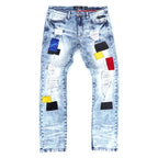 F1715 Frost Patchwork Denim Shredded Jeans - Light Wash