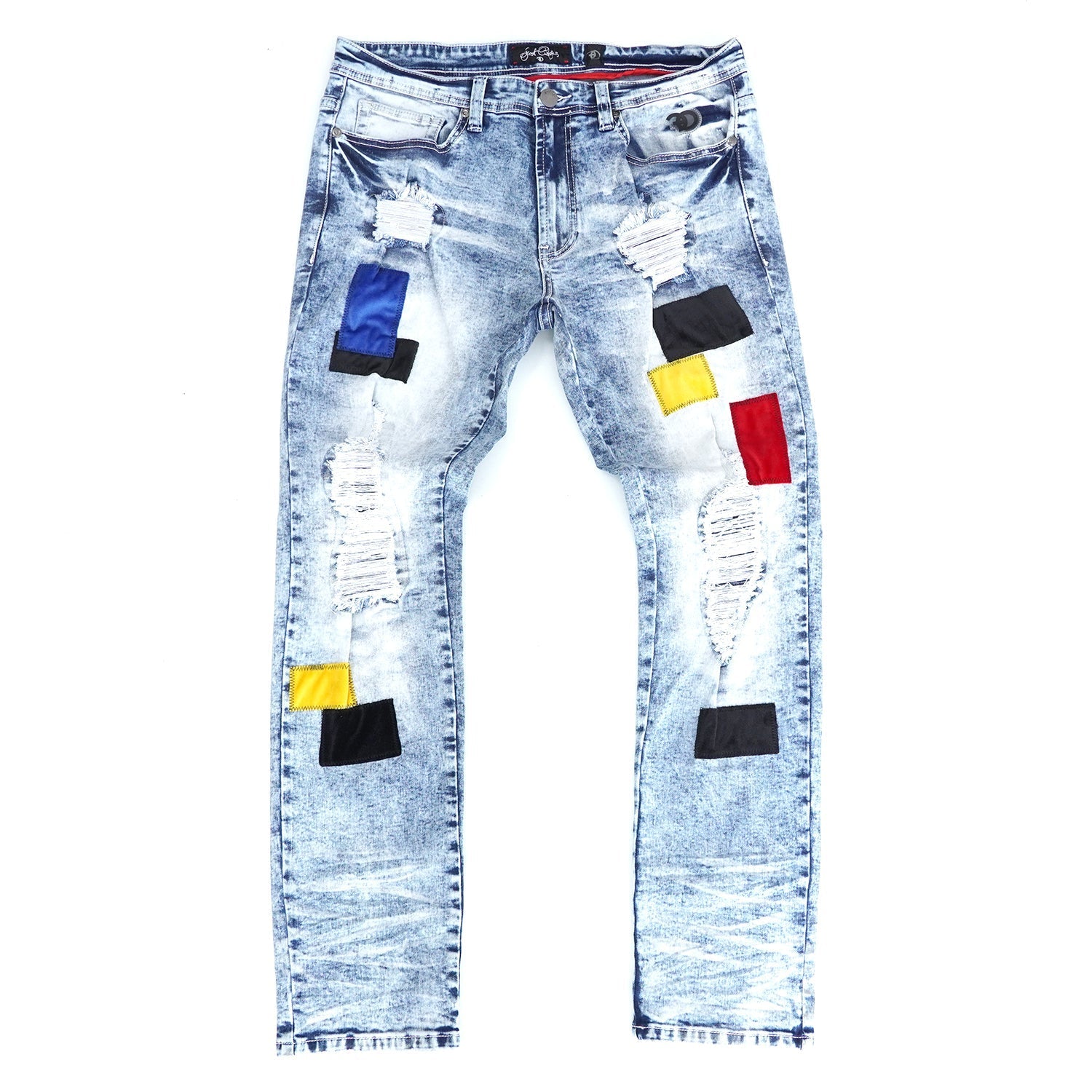 F1715 Frost Patchwork Denim Shredded Jeans - Light Wash