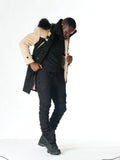 F1330 Maurice Wool Long Jacket w/ Fur- Black/Khaki