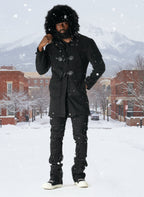 F1330 Maurice Wool Long Jacket w/ Fur- Black