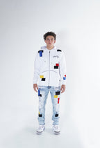 F5715 Frost Patchwork Zip Up Hoodie - White