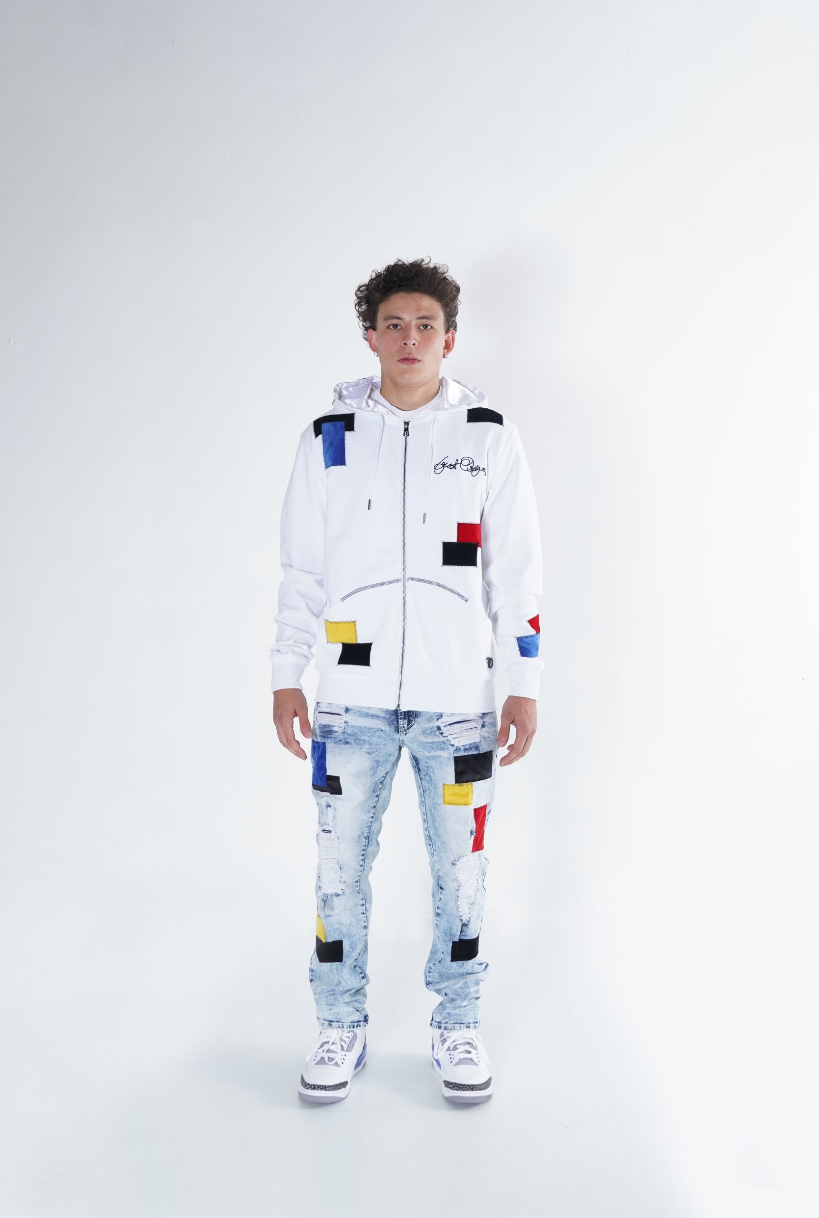 F5715 Frost Patchwork Zip Up Hoodie - White