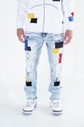 F1715 Frost Patchwork Denim Shredded Jeans - Light Wash