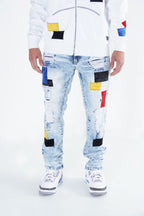 F1715 Frost Patchwork Denim Shredded Jeans - Light Wash