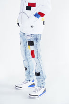 F1715 Frost Patchwork Denim Shredded Jeans - Light Wash