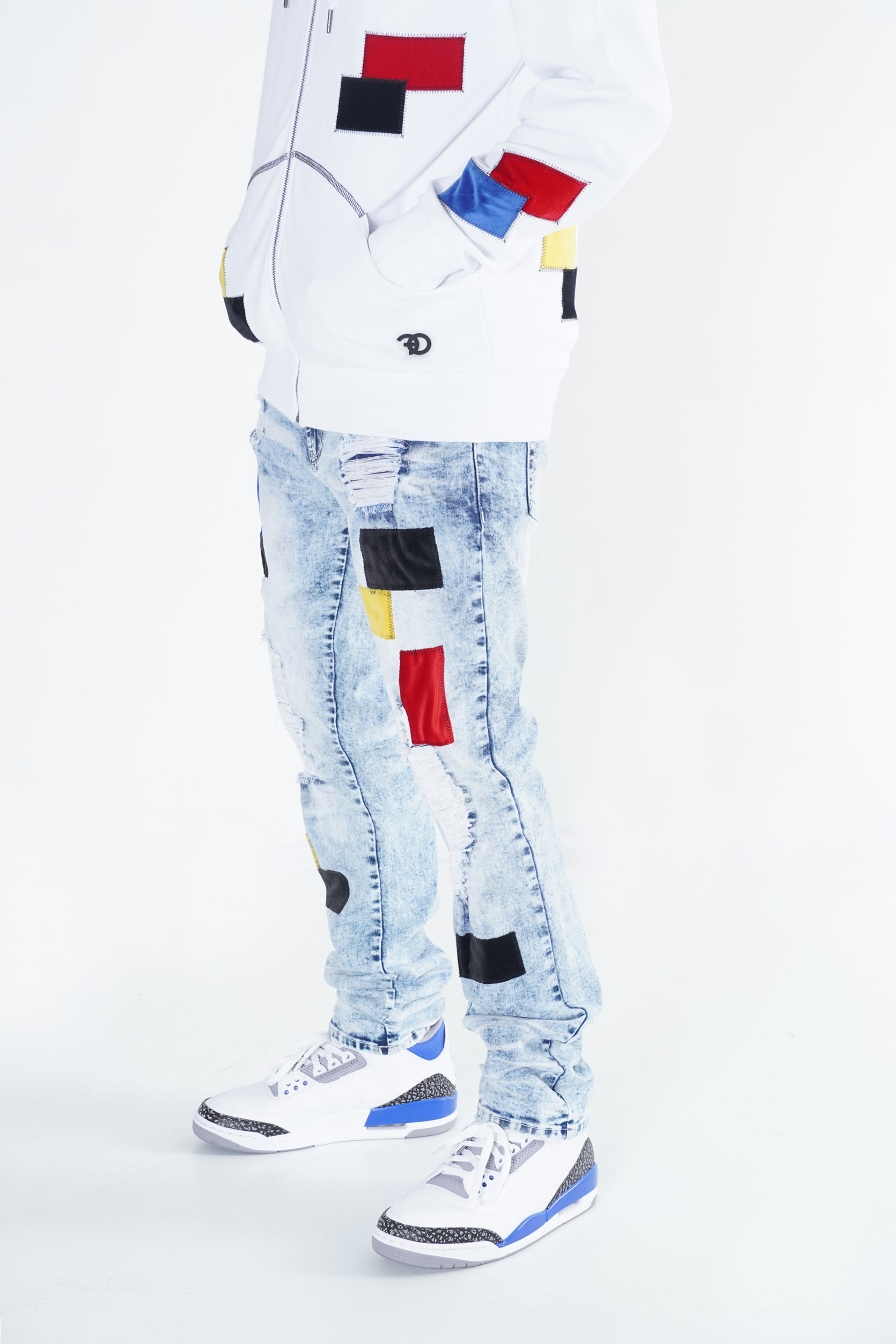 F1715 Frost Patchwork Denim Shredded Jeans - Light Wash
