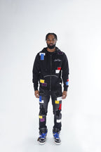 F1715 Frost Patchwork Denim Shredded Jeans - Black Wash