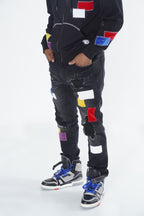 F1715 Frost Patchwork Denim Shredded Jeans - Black Wash