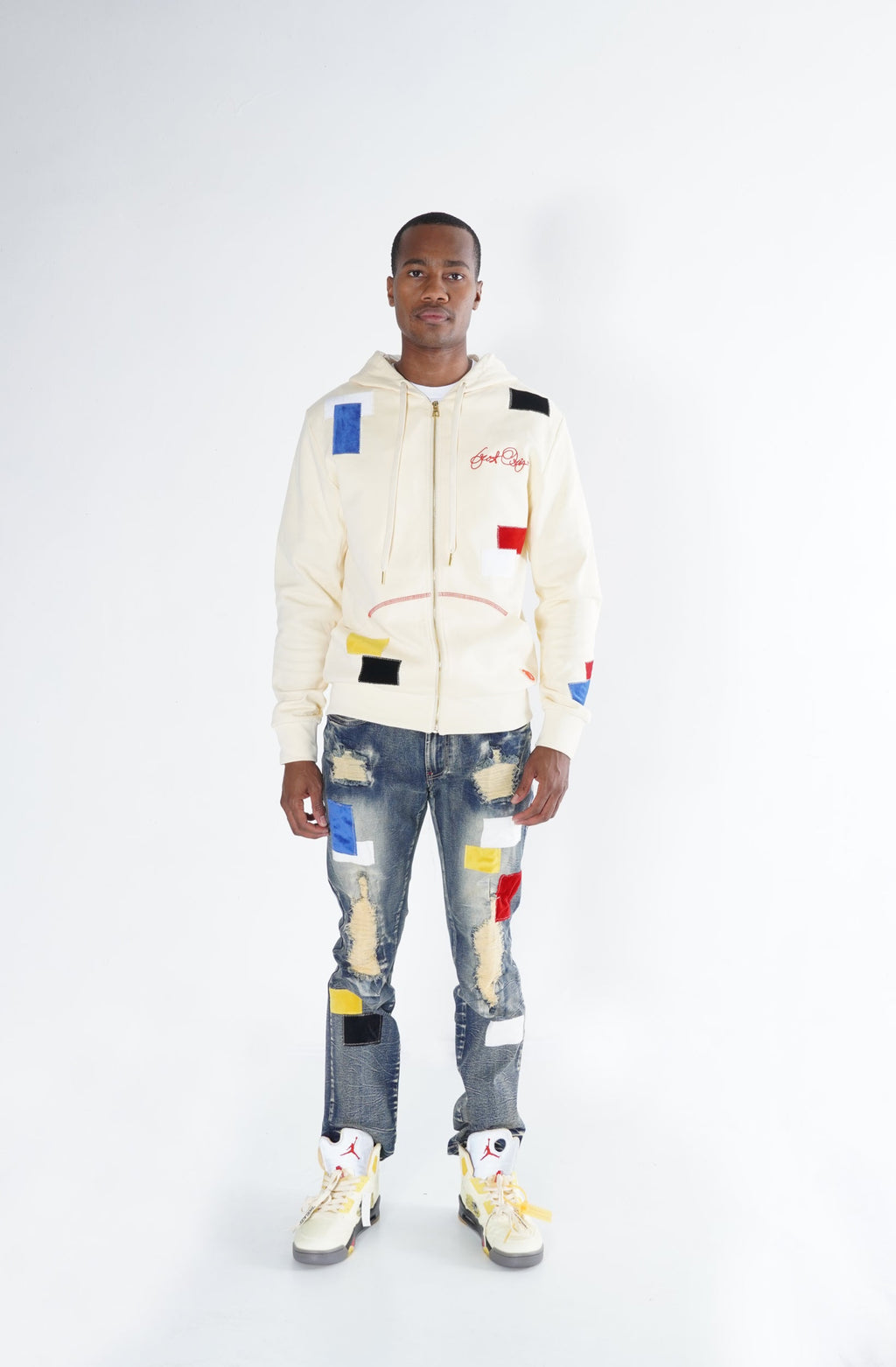 F5715 Frost Patchwork Zip Up Hoodie - Natural