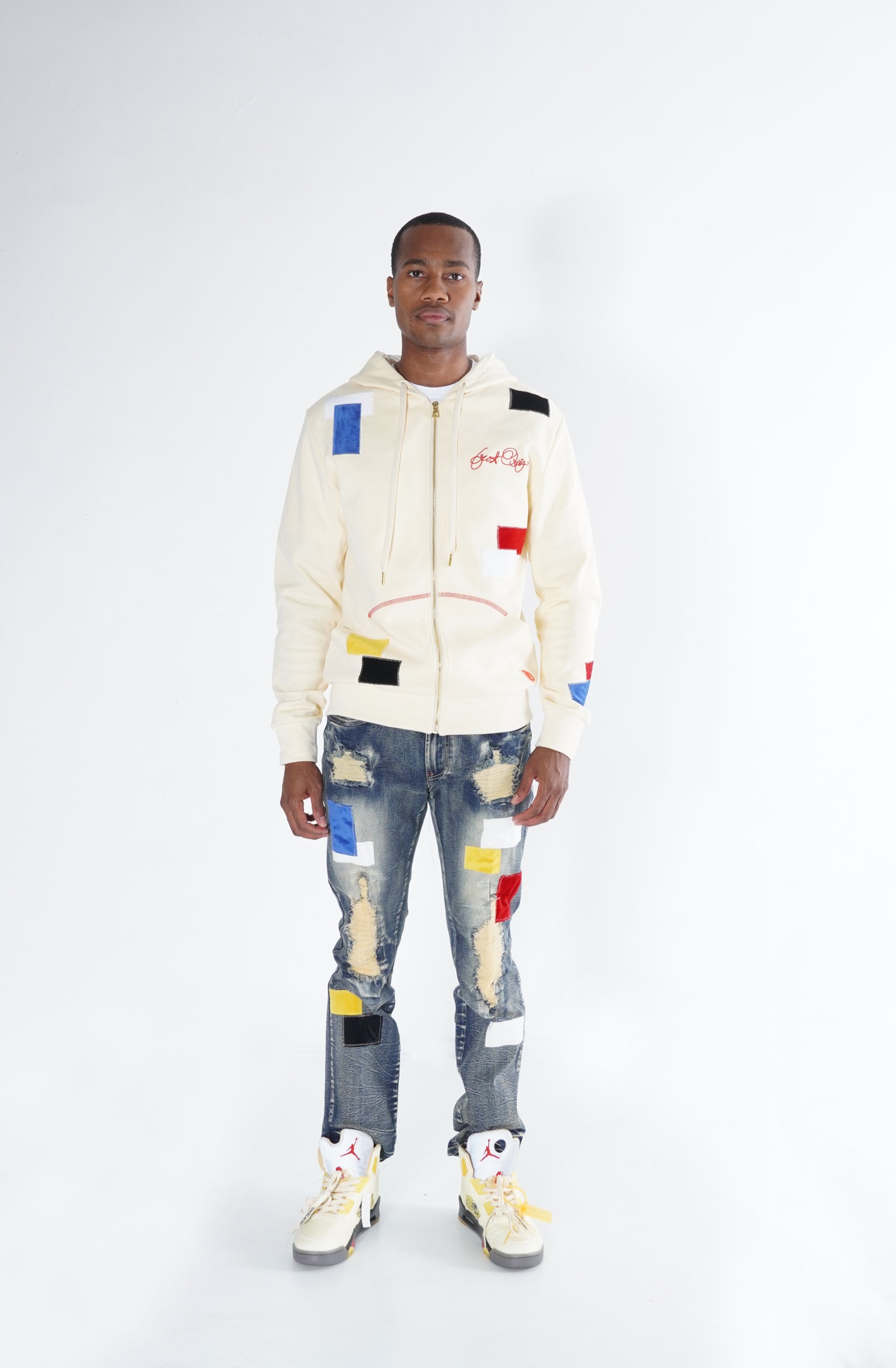 F5715 Frost Patchwork Zip Up Hoodie - Natural