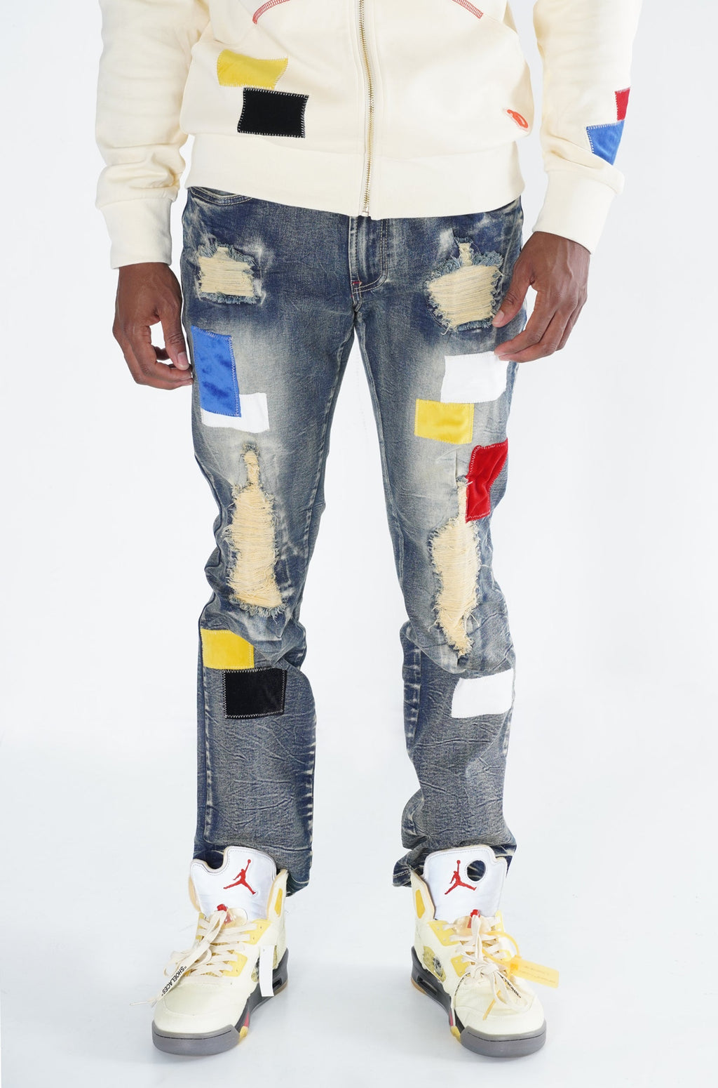 F1715 Frost Patchwork Denim Shredded Jeans - Dirt