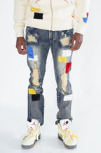 F1715 Frost Patchwork Denim Shredded Jeans - Dirt