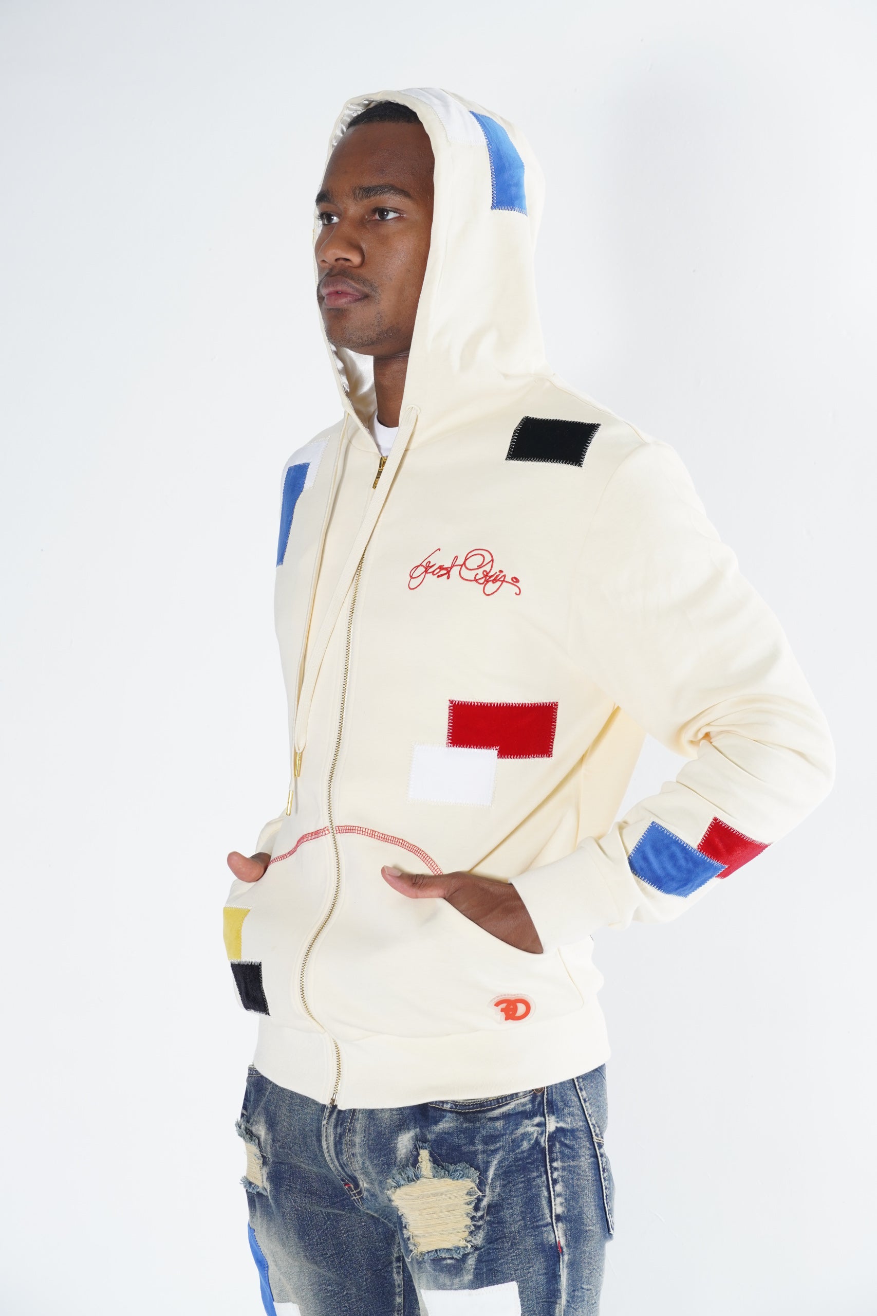 F5715 Frost Patchwork Zip Up Hoodie - Natural