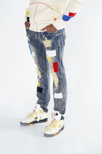 F1715 Frost Patchwork Denim Shredded Jeans - Dirt