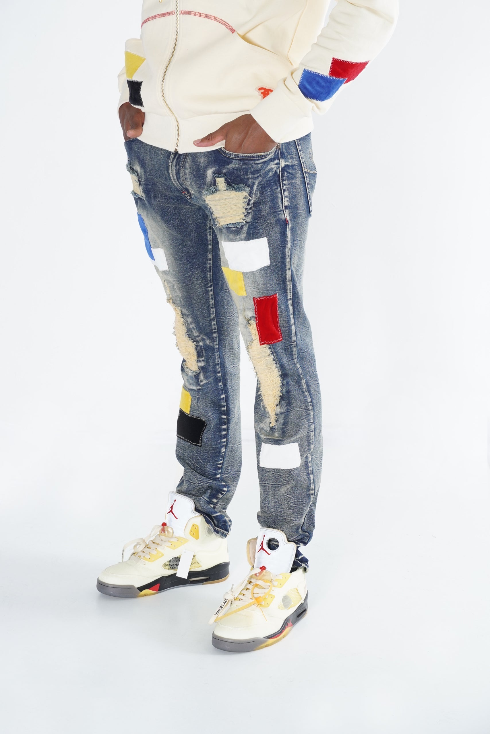 F1715 Frost Patchwork Denim Shredded Jeans - Dirt
