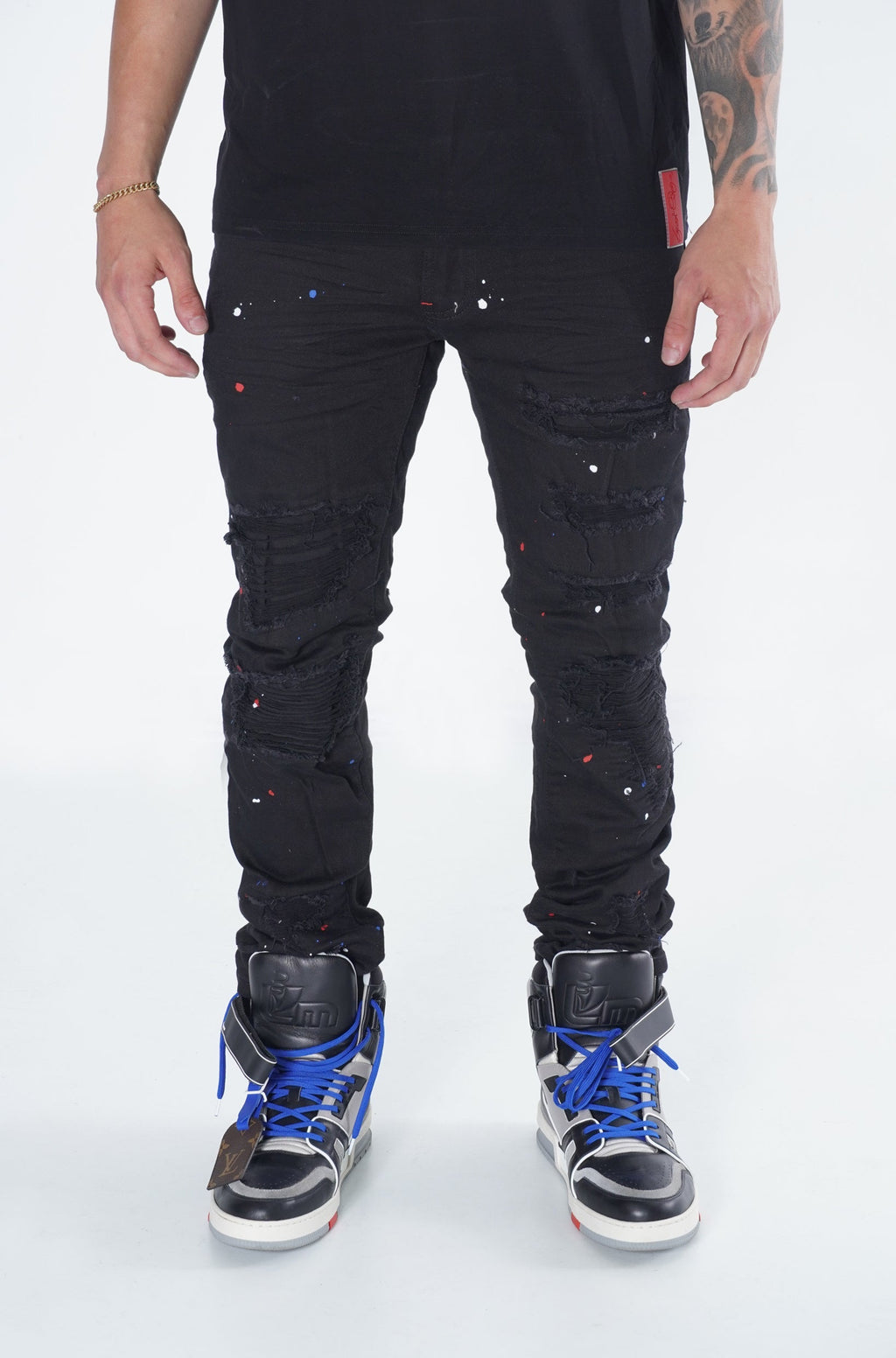 F1778 Frost Shredded Jeans w/ paint - Black