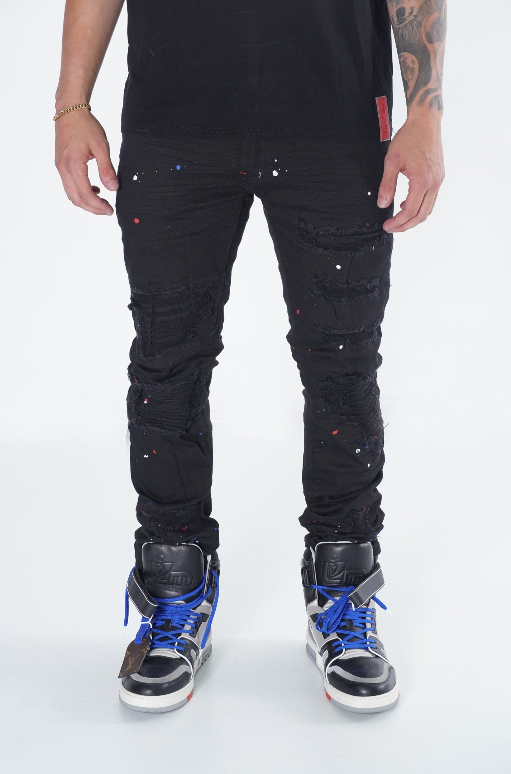 F1778 Frost Shredded Jeans w/ paint - Black