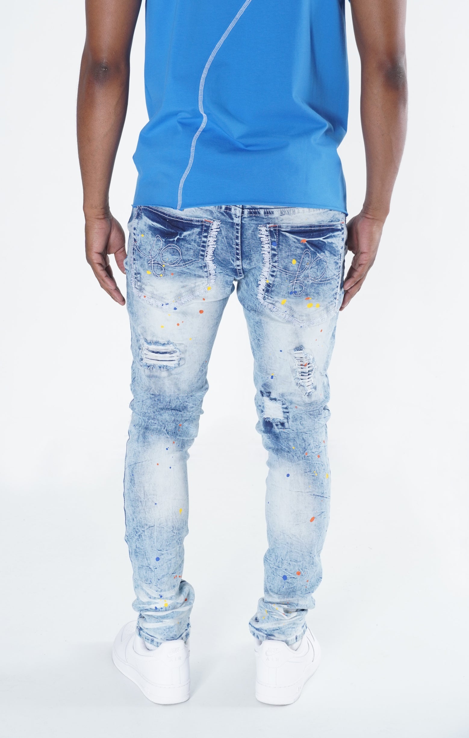 F1778 Frost Shredded Jeans w/ paint - Light Wash