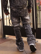 F1723 Tattered Denim Stacked Jeans - Black