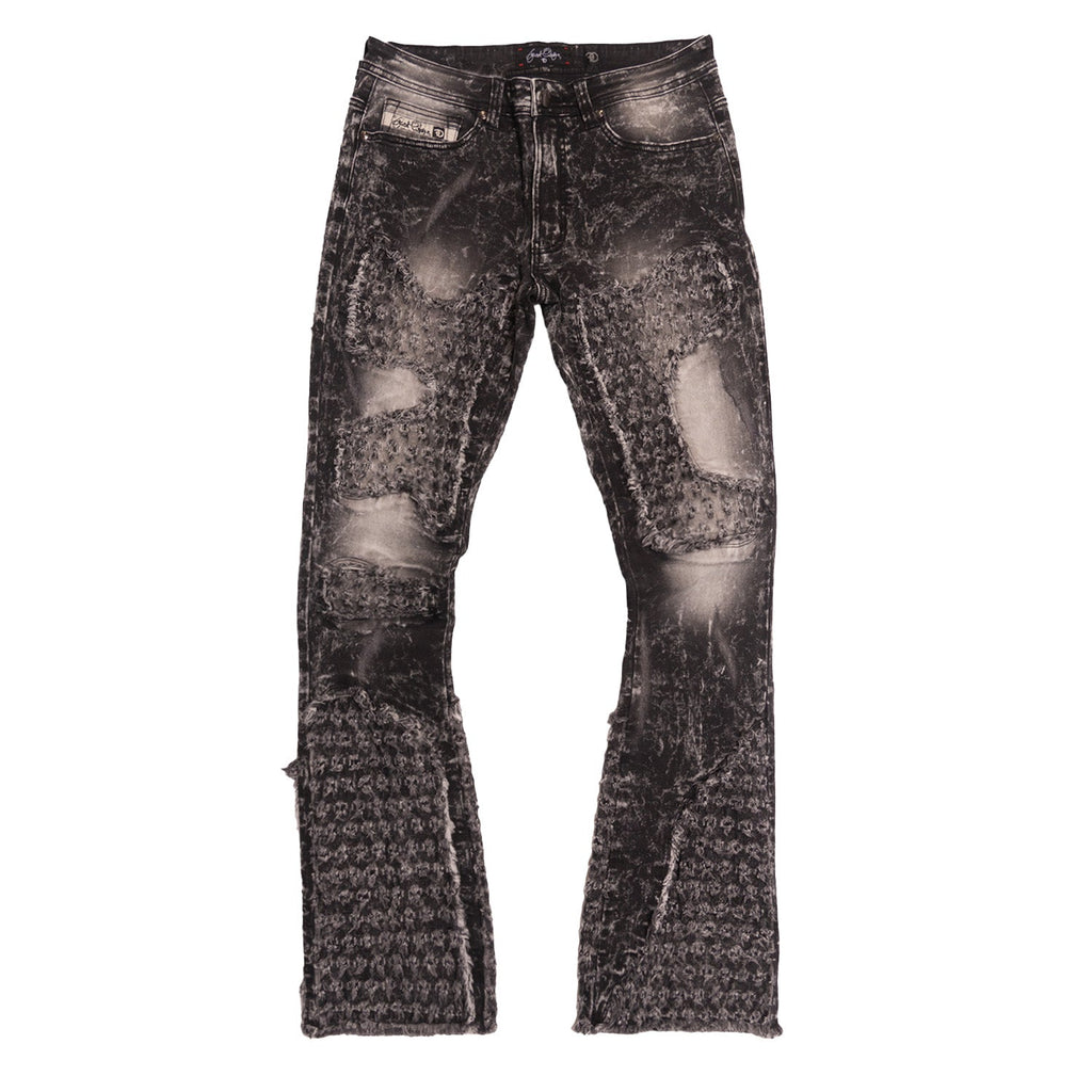F1723 Tattered Denim Stacked Jeans - Black