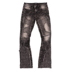 F1723 Tattered Denim Stacked Jeans - Black